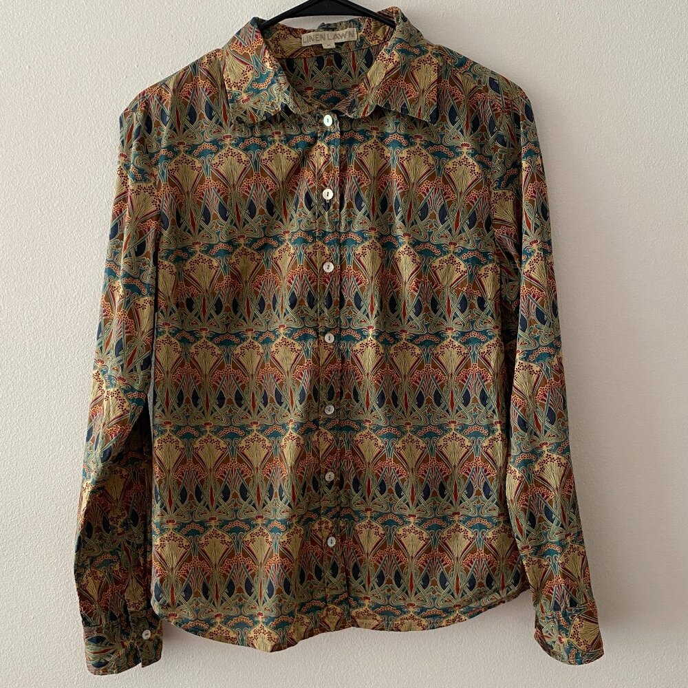 Liberty Fabrics Linen Lawn Patterned Long Sleeve Button-Down Top, Size 14